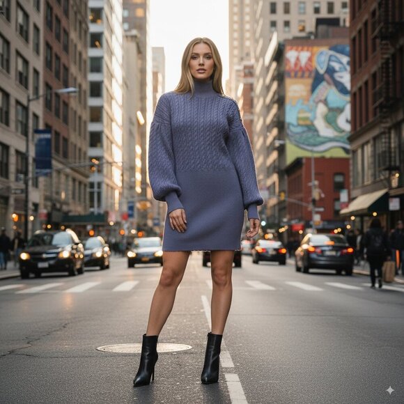 En Saison Bettany Mini Cable Knit Sweater Dress in Blue NWT Size Small - Picture 1 of 7
